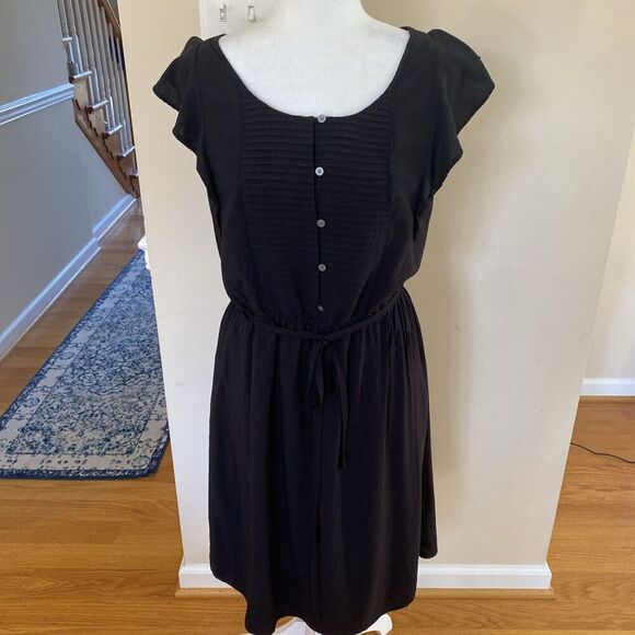 Ann Taylor Loft Flutter Sleeve Black Waist Tie Peasant Style Black Dress Size L - Picture 1 of 6